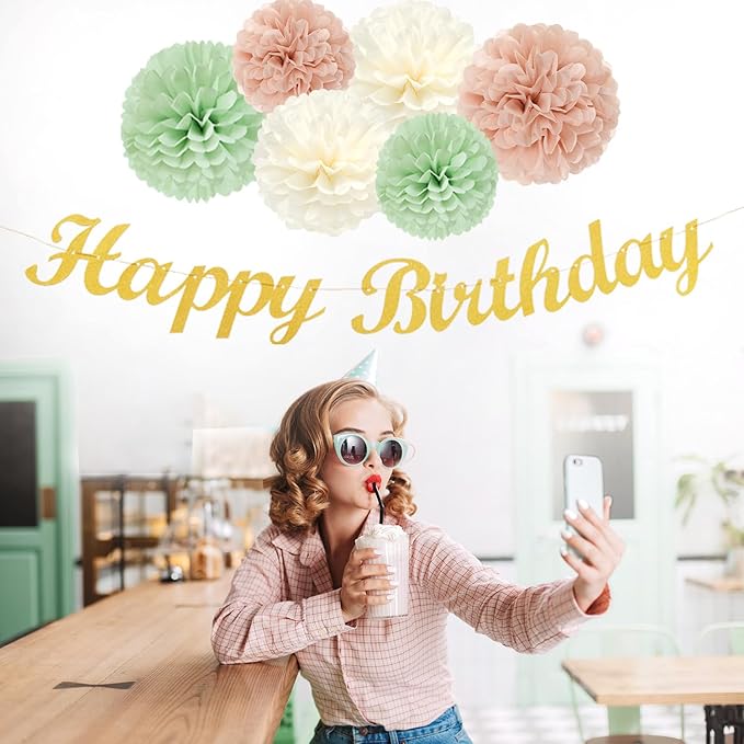 Sage-Green Blush-Pink Birthday Garland Party-Decorations - 14pcs Happy Banner 21st Spring Paper Flowers Lanterns Beige Tissue Pom Poms,Boho Streamers Fans,Neutral Rustic Hanging Supplies Decor Hugfond-Ruum Studio Home