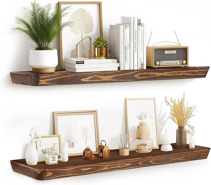 36"x6.8"x1.6" Slanted Floating Wall Shelves 2-Pack - Rustic Brown Finish, Heavy-Duty Solid Wood Design with Hidden Brackets - Perfect for Living Room, Kitchen, Bathroom, or Office-Ruum Studio Home