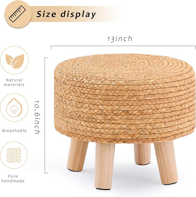 Handwoven Round Ottoman, Natural Water Hyacinth Outdoor Patio Pouf Seagrass Low Stool with Wood Legs, Soft Padded Footrest for Living Room Bedroom Garden, Natural-Ruum Studio Home