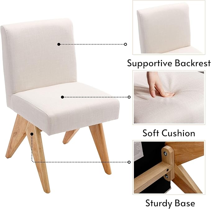 Mid Century Modern Farmhouse Dining Chairs Set of 4, Upholstered Armless Kitchen Chairs with Back and Wooden Legs, Linen Beige-Ruum Studio Home