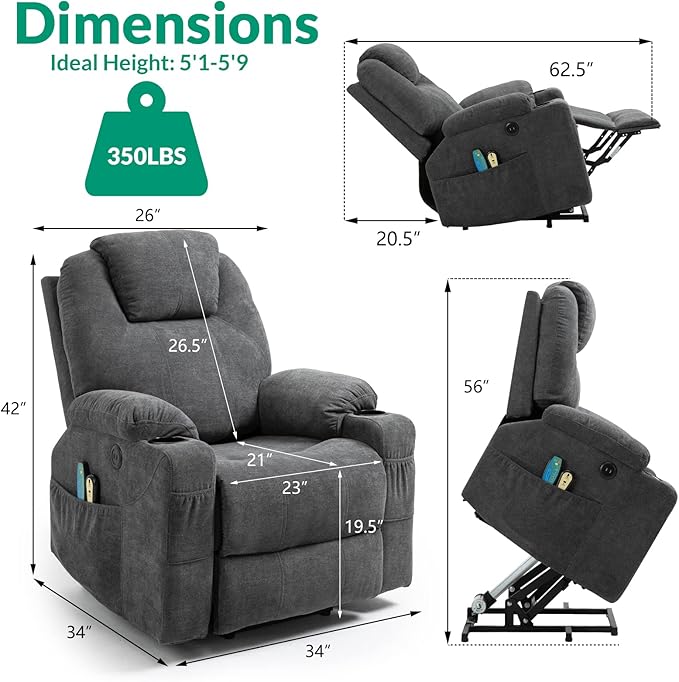 VIVIJASON Power Lift Chair Electric Recliner for Elderly Heated Vibration Massage Fabric Recliner Chair with 2 Remote Controls, Cup Holders, Side Pockets & USB Ports for Living Room (Grey)-Ruum Studio Home