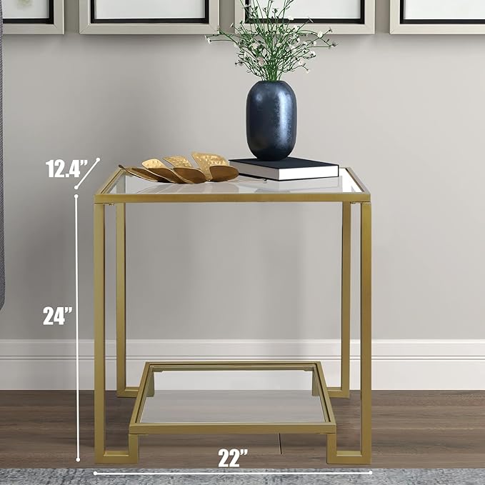 2 Tier Rectangular Side Table, Gold End Table with Glass Top, Modern Metal Clear Coffee Table，Small Accent Table for Living Room, Bedroom, 22" x 12.4" x 24"-Ruum Studio Home