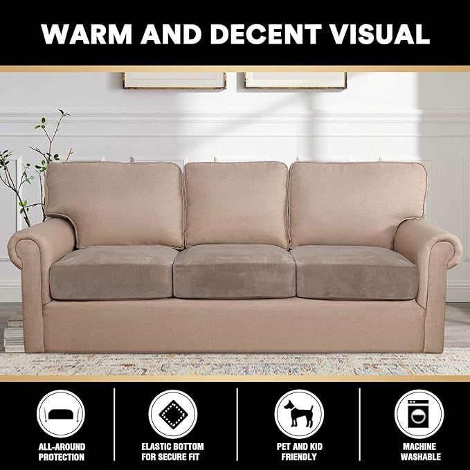 PrinceDeco Velvet Stretch Couch Cushion Cover Soft Cushion Slipcover for Chair Loveseat Sofa Furniture Protector Seat Cushion Sofa Cover (Each Width Up to 29.5", Taupe)-Ruum Studio Home