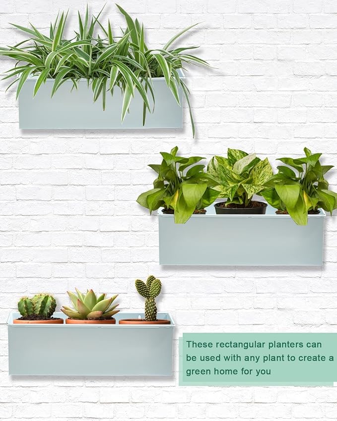 vensovo Metal Wall Hanging Planter Boxes – 12" Rectangle Flower Pots, 3 Pack with Drainage, Durable Galvanized Finish for Indoor Outdoor Balcony Fence Windowsill, White-Ruum Studio Home