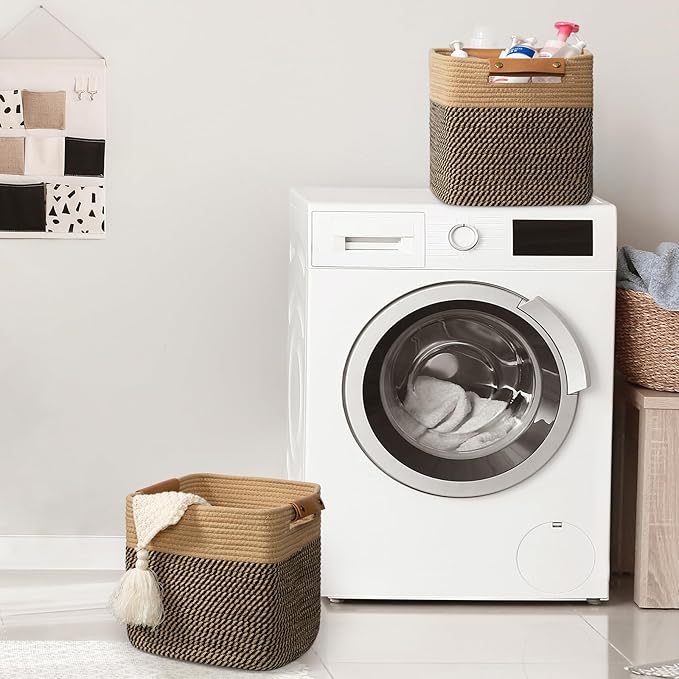 danpinera 3-Pack Cotton Rope Baskets for Storage, 11"x11" Cube Storage Cubes Store Toys, Towel, Snack, Storage Bins with Reinforced Stitching & Practical Handles, Black & Brown-Ruum Studio Home