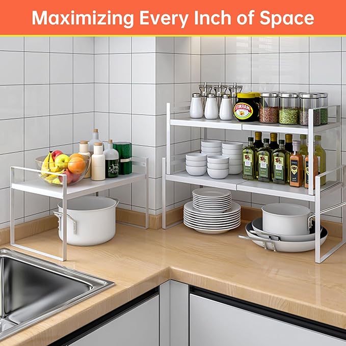 Expandable Cabinet Organizer 14"~25", Kitchen Shelf Organizer Spice Rack 11” wide, Cupboard Organizers And Storage Shelves, Kitchen Counter Organizers, Countertop Cabinets Small Pantry Shelf-Ruum Studio Home