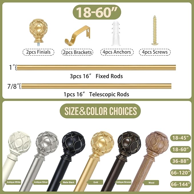 Gold Adjustable Curtain Rods for Windows:18-60 Inch Farmhouse Heavy Duty Curtain Rod for Bedroom Living Room,Boho Decorative Rustic Drapery Rods with Vintage Coastal Texture Finial,Brass Gold-Ruum Studio Home