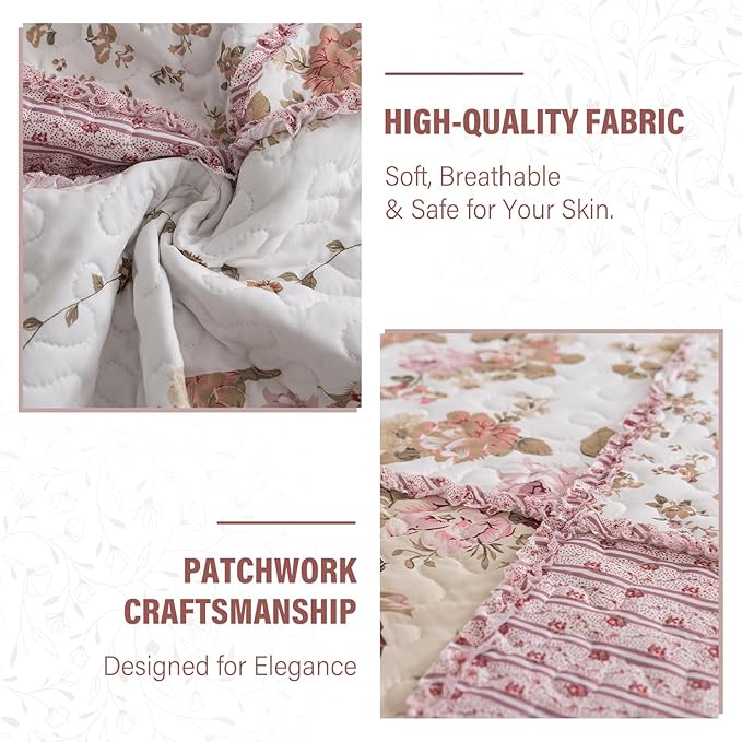 NEWLAKE Quilt Set Queen Size, Bedspread Sets Pink Botanical Floral, Reversible Quilt Bedding Set Lightweight and Breathable for All Seasons, Soft Quilted Bedspread with 2 Pillow Shams-Ruum Studio Home