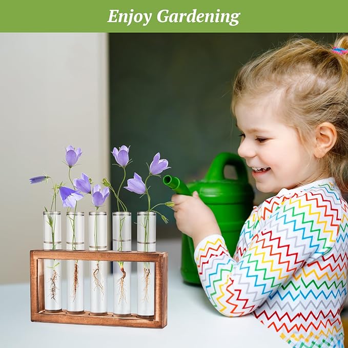 2pcs Desktop Glass Plant Propagation Station with 10 Test Tubes in Wooden Stand - Hydroponic Plants Cutting Office Home Decoration and Garden Decor Terrarium (10 Tubes)-Ruum Studio Home