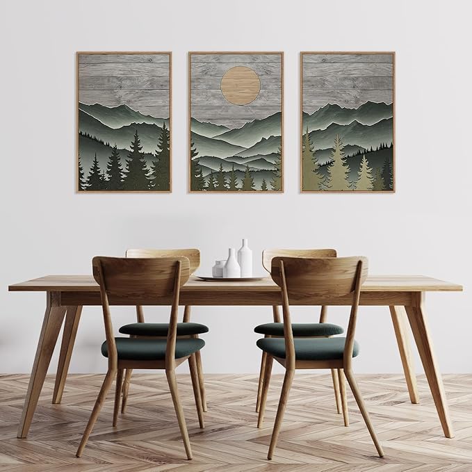 HLNIUC Mountain Framed Canvas Wall Art,Large Green Forest Woodcut Wall Decor Set of 3(16”x24”)Abstract Sun Forest Pine Trees Wall Painting,Rustic Sun Nature Landscape Art Print for Living Room,Bedroom-Ruum Studio Home