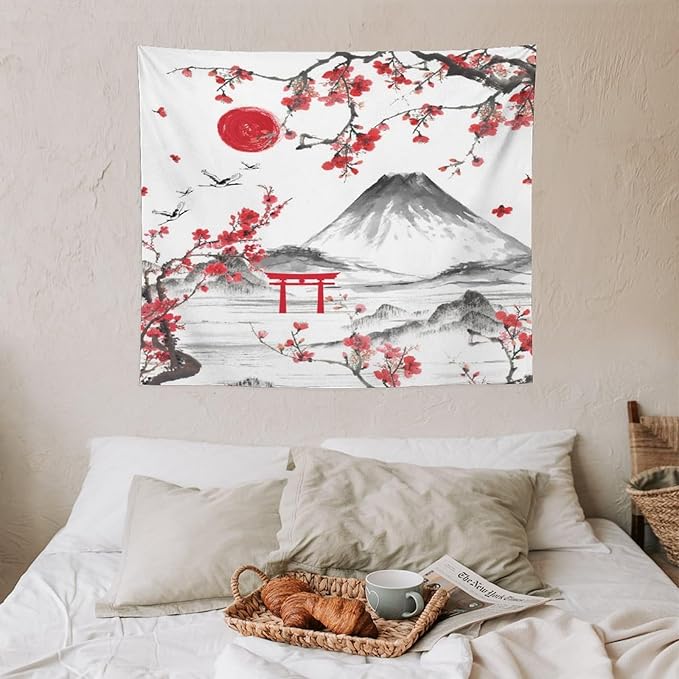 Red Cherry Blossoms Tapestry, Japanese Fuji Mountain Tapestry, Asian Japanese Wall Tapestry, Nature Landscape Tapestries for Bedroom Living Room Decor 60"x50"-Ruum Studio Home