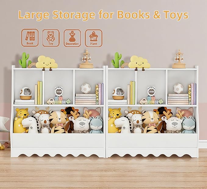 Wood Kid Storage Cubby, Toy Storage Organizer with Bookshelf, 32"L x 15"D x 31"H Montessori Toy Shelf, Nursery Book Shelves, Wooden 4-Cubby Children Book Shelf for Playroom Classroom, White-Ruum Studio Home