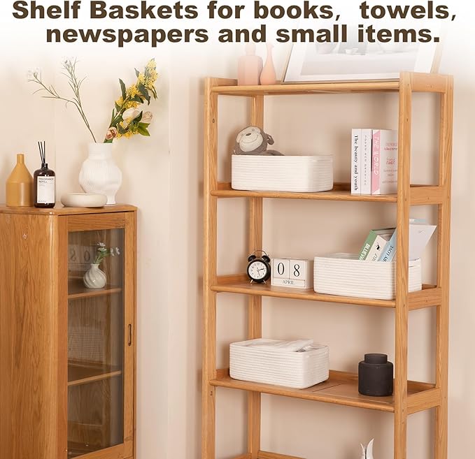 3 Pack Small Storage Baskets for Organizing, Cute Woven Decorative Gift Baskets for Shelves, Mini Closet Organizer Bins with Handles-13''Lx8.66''Wx5.11''H-White-Ruum Studio Home