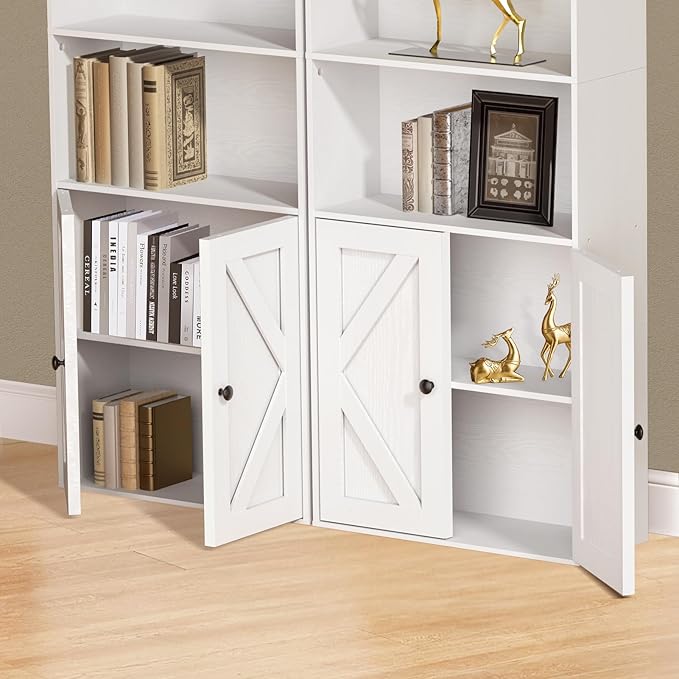 Tall White Bookcase with Doors – Wooden Bookshelf with Storage Cabinet & Shelves for Living Room, Bedroom, or Office-Ruum Studio Home