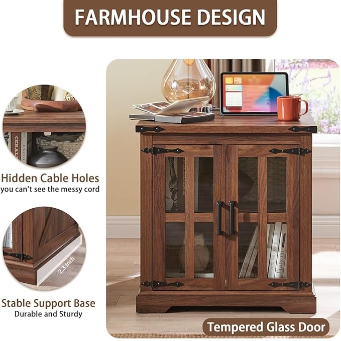 Farmhouse End Table with Charging Station,24" Large Sofa Side Table with Glass Barn Door, Rustic Wood Nightstand Bedside Table with Adjustable Storage Shelf for Living Room, Bedroom, Walnut-Ruum Studio Home