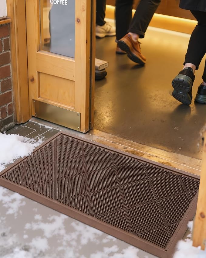 DEXI Front Door Mats Outside Entrance, 17x36 Rubber Waterproof Dirt Trapping Entry Mat for Entryway, Heavy Duty Non-Slip Low-Profile Welcome Doormat All Weather for Patio, Brown-Ruum Studio Home