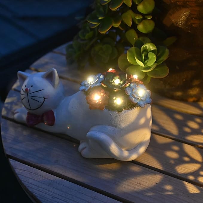Cat Garden Figurines Outdoor Decor Solar Statue with Succulent and LED Lights for Patio Lawn Yard Art Decoration Housewarming Garden Gift-Ruum Studio Home