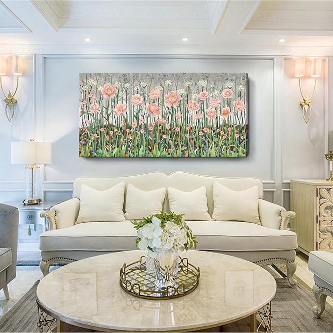 amatop Extra Large Floral Wall Picture for Living Room Modern Botanical Canvas Prints Flower Field Wall Decor Abstract Nature Art Wildflower Garden Pink Green Stretched Artwork Bedroom Office 58x29 in-Ruum Studio Home