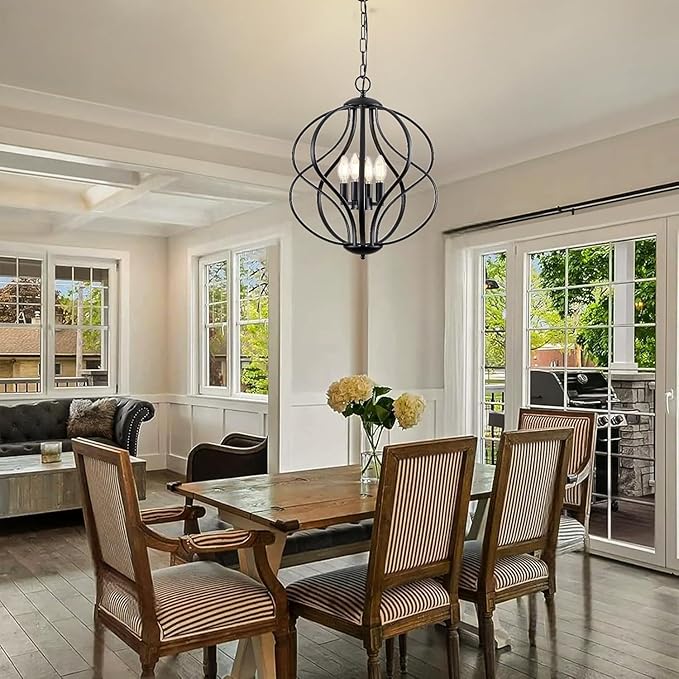 Modern Black Chandelier for Dining Room, 4 Lights Geometric Chandeliers, Sphere Chandelier Industrial Large Pendant Light Fixtures Hanging for Kitchen, Entryway, Foyer, Stairs-Ruum Studio Home