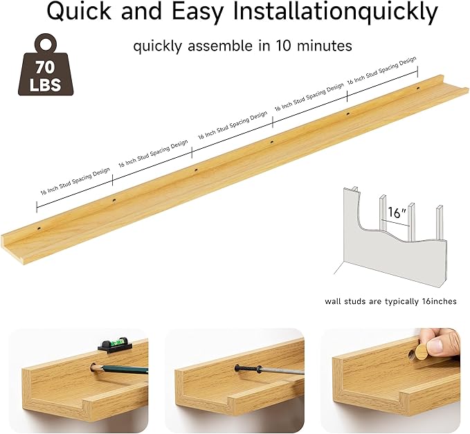 Floating Picture Ledge Shelves for Wall Set of 2, 95 Inches Picture Ledge Shelf with Long Large Nursery Book Shelf for Toys Storage Kids Bookshelf Wall Mounted Living Room Bedroom Decor Frames, Oak-Ruum Studio Home