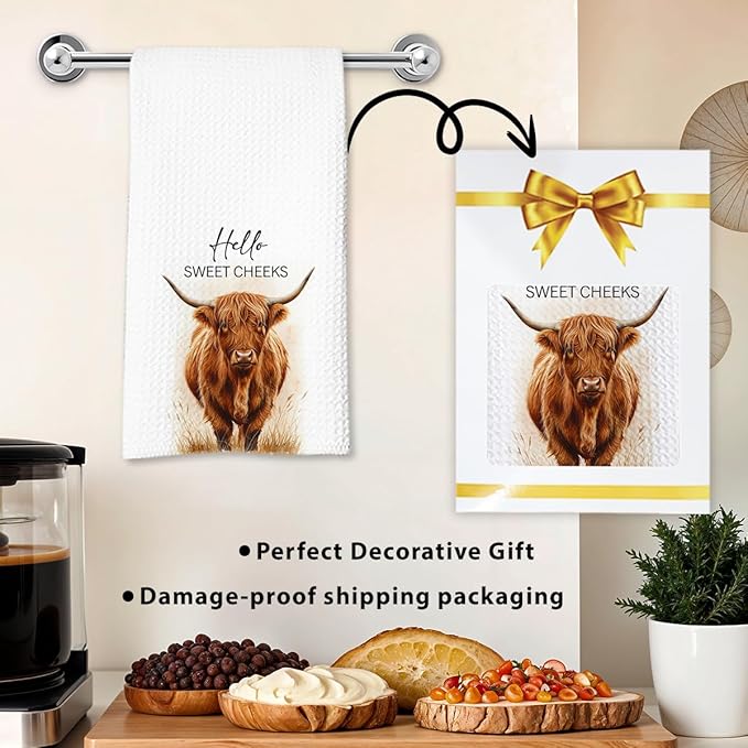 Highland Cow Farmhouse Hand Towels for Bathroom Kitchen Decor | Waffle Weave Microfiber Dish Towel Set | Hello Sweet Cheeks Farmhouse Cow Decorative - A01-Ruum Studio Home