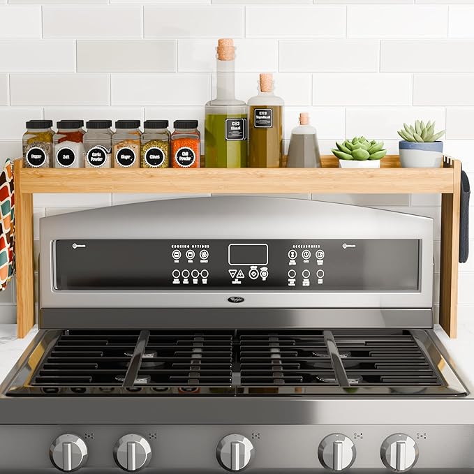 Edgecrest Bamboo Over The Stove or Sink Modern Spice Shelf, No Annoying Middle Screw, 31.5” Wide Storage, 11.4” High Countertop Shelf, 6 Side Hooks, Easy to Assemble, Eco-Friendly Durable Material-Ruum Studio Home