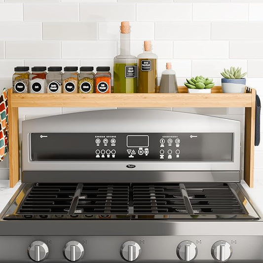 Edgecrest Bamboo Over The Stove or Sink Modern Spice Shelf, No Annoying Middle Screw, 31.5” Wide Storage, 11.4” High Countertop Shelf, 6 Side Hooks, Easy to Assemble, Eco-Friendly Durable Material-Ruum Studio Home