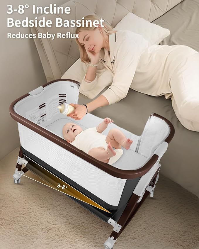 4 in 1 Baby Bassinet, Bassinets Bedside Sleeper with Wheels and Storage Basket, Adjustable 7 Heights Bedside Sleeper with Mosquito Net, Breathable Mesh Rocking Bassinet for Baby-Ruum Studio Home