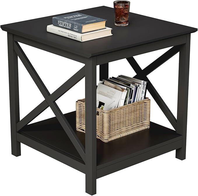 ChooChoo End Table, 24 Inch End Table with 2-Tier Storage Shelf, Side Table for Living Room, Wood Nightstand for Bedroom, Office, Painted Surface, Black-Ruum Studio Home