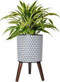 Flower Pot with Legs Tall Flower Pot with Drainage Holes for Indoor and Outdoor Decorative Planting (White Black Honeycomb, 12 Inches)-Ruum Studio Home