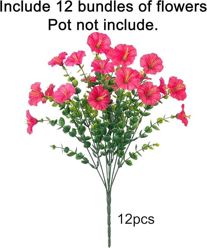 Artificial Flowers for Outdoors Fake Plants Outside Decoration, 12 Bundles Silk Hot Pink Morning Glory UV Resistant Look Real Faux Flowers for Planter Front Door Porch Patio Yard Gardens Home-Ruum Studio Home