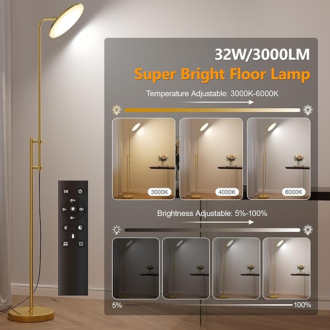 SUNMORY 32W/3000LM Floor Lamps, Super Bright LED Standing Lamp with Remote Control, Adjustable Tall Lamp with 350°Rotating Head, Modern Dimmable Torchiere Corner Lamp for Living Room, Bedroom, Office-Ruum Studio Home