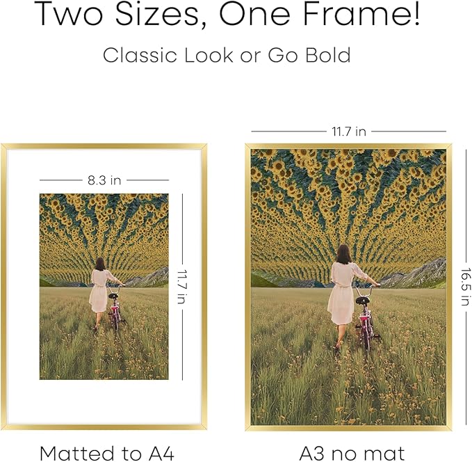Homeforia A3 Picture Frame Gold, High End Metal 11.7 x 16.5 inch Poster Frames with Mat 8.3 by 11.7 for Photo, A3 Size Frames Matted to A4 Print, 11.7x16.5 Wall Hanging Frame, Tempered Glass, Set of 1-Ruum Studio Home