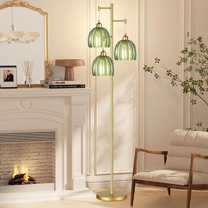 Gold Floor Lamp for Living Room,Bedroom,Mid Century Modern Standing Lamp Brass Tree 3 Light Tall Floor Lamps Vintage Retro Floor Lights Glass Green Flower Lamp Shade Farmhouse Boho Bohemian-Ruum Studio Home