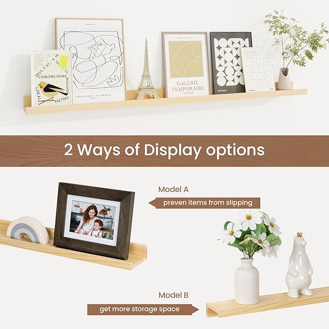 Picture Ledge Shelf, Solid Pine Wood Floating Shelves Set of 2, 40 Inches Nursery Book Shelves for Toys Storage, Kids Bookshelf Wall Mounted for Living Room Decor Photo Frames, Unfinished Natural-Ruum Studio Home