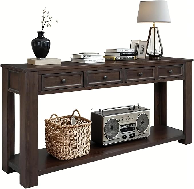 63" Solid Wood Console Table Sofa Table with Storage Drawers and Bottom Shelf,Farmhouse Entryway Table for Hallway Foyer,Sofa Couch Table,Fully Assembled (63" Espresso)-Ruum Studio Home