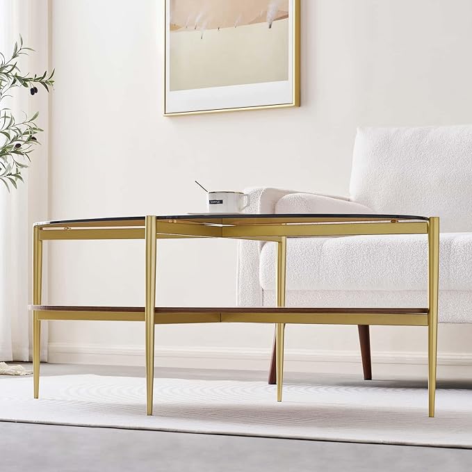 Oval Glass Coffee Table, Mid-Century Modern Design, L43 x W22 x H17 inch, 2-Tier Structure, Olive Shaped Amber Glass Top and Walnut Finish Wood Shelf, Tapered Legs with Gold Finish Frame-Ruum Studio Home