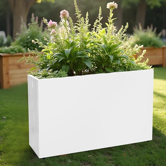 Galvanized Steel Planter Box-No Installation Required Metal Rectangular Block Long Box Planter Modern Outdoor Planters All-Weather Use with Drainage Holes for Patio/Porch, 36×24×12IN（White）-Ruum Studio Home
