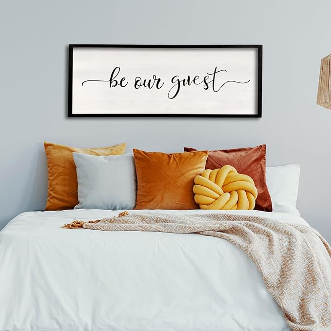 comurdyo Be Our Guest Wall Decor Sign 40”X15” Large Master Bedroom Above Bed Wall Decor Wood Framed Guest Room Sign Simple Rustic Farmhouse Over Bed Bedside Wall Art (Black)-Ruum Studio Home