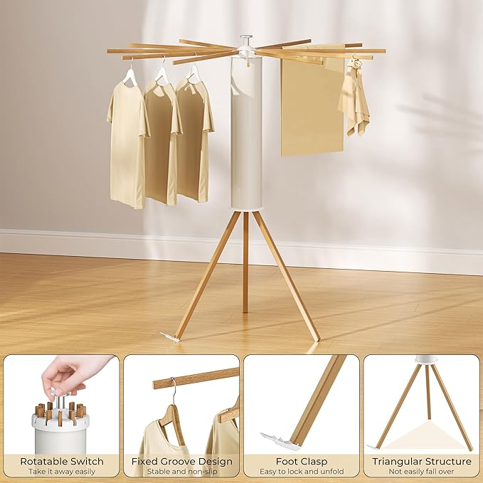 Tripod Clothes Drying Rack, Garment Rack Portable and Foldable Space Saving Laundry Drying Rack - Dryer Rack Clothing Floor Folding Balcony Bedroom Household (Beige(Wood), 12 rods)-Ruum Studio Home