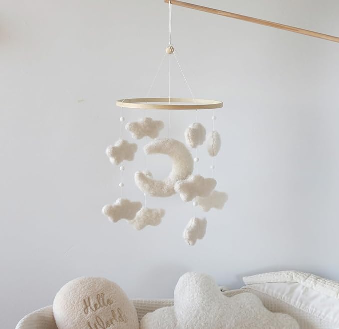 Boucle Cloud Moon Crib Mobile Boho Baby Mobile for Crib Neutral Nursery Mobile for Boys & Girls-Ruum Studio Home