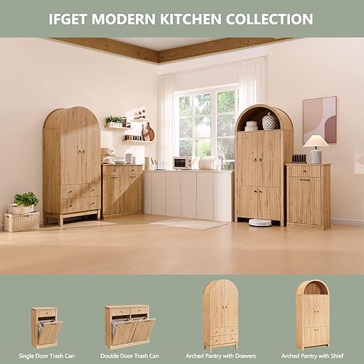 Modern Double Tilt-Out Trash Cabinet, 20 Gallon Fluted Laundry Hamper Cabinet with 2 Drawers, Wooden Hidden Garbage Can Cabinet with Storage Basket for Kitchen & Living Room, Natural Oak-Ruum Studio Home