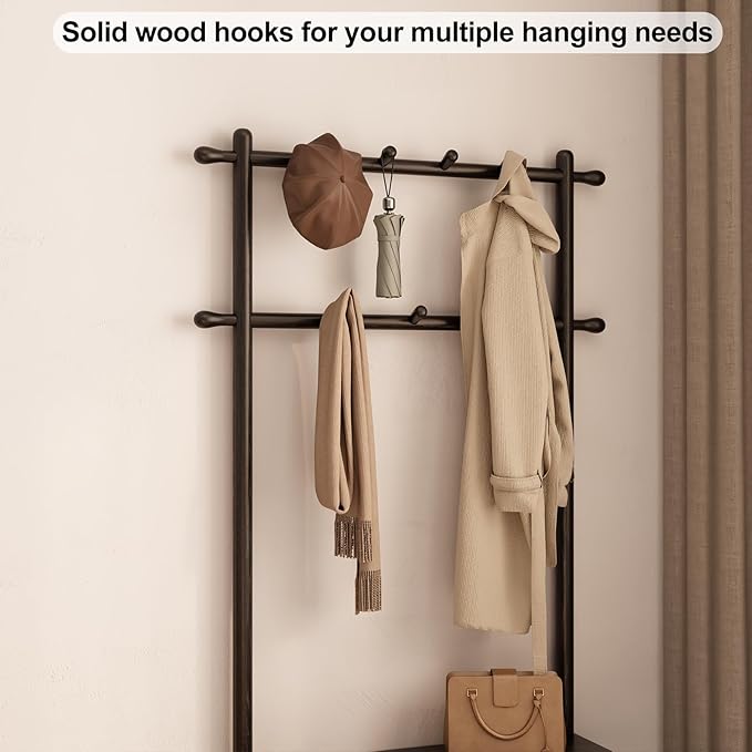 Coat Rack with Shoe Storage, Wooden Hall Tree with Bench, 11 Hooks and 2-Tier Storage Shelves, 3-in-1, Entryway Bench with Coat Rack (31.5"-Deep Black)-Ruum Studio Home