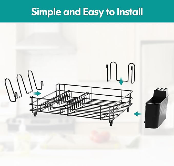 Black Stainless Steel Dish Drainers Drying Rack for Kitchen Counter with Drainboard Set, Rust Proof Metal, Space Saving, Modern Aesthetic, Compact Plates Strainers with Extra Mat-Ruum Studio Home