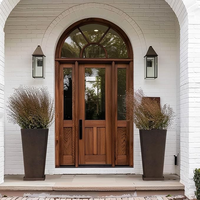 LA JOLIE MUSE 26 inch Tall Planters for Outdoor Plants,Set of 2 Tapered Planters with Trays,Iron Plastic Rectangular Tall Planters for Front Door, Patio and Deck, 26'' Iron With Tray-Ruum Studio Home