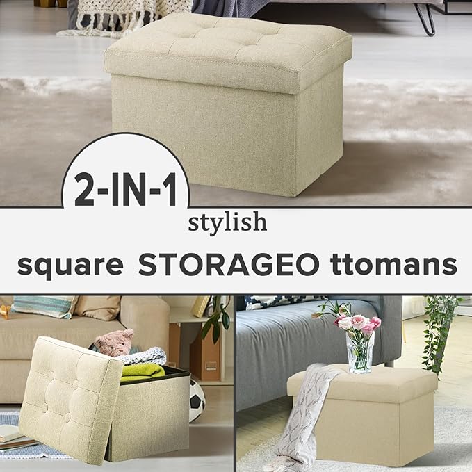 LINMAGCO Ottoman Storage Ottoman with Storage Small Foot Rest Stool Under Desk Stool Short Folding Footrest Linen Cloth Beigh 16X12X12IN-Ruum Studio Home