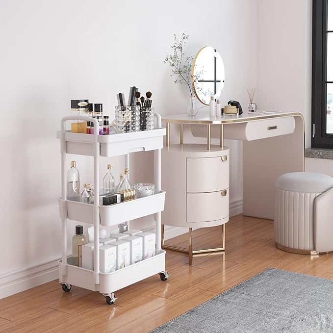 Calmootey 3-Tier Rolling Utility Cart with Drawer,Multifunctional Storage Organizer with Plastic Shelf & Metal Wheels,Storage Cart for Kitchen,Bathroom,Living Room,Office,White-Ruum Studio Home