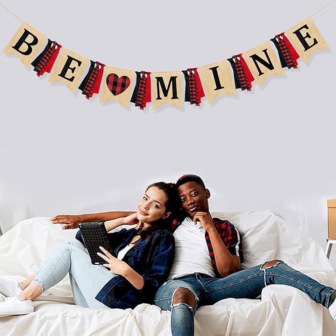 Valentine’s Day Party Decorations Be Mine Felt Sign Burlap Pennant Banner Flag Heart with Black Red Buffalo Plaid Fabric Ribbon for Valentine’s Day Wedding Birthday Party Supplies-Ruum Studio Home