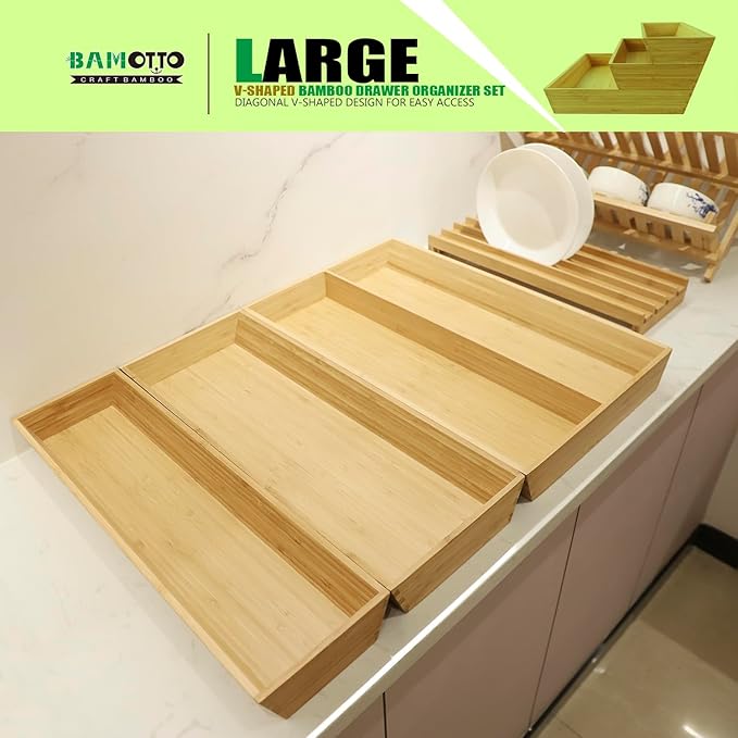 V-Shaped Bamboo Drawer Organizer Set of 3, Kitchen Large and Long Utensil Plate, Flatware & Silverware Storage Box, Wood Drawer Organizer for Bedroom, Living Room (19.6"x5.7" & 7.8" & 12.4")-Ruum Studio Home