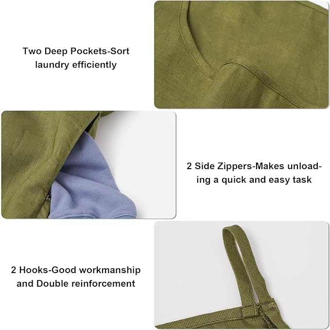 100% Pure Linen Dual Hanging Laundry Bag with 2 Deep Pocket and 2 Side Zipper 20x27in, Over The Door Laundry Hamper Space Saving Hampers for Dirty Clothes Home Travel, Green-Ruum Studio Home